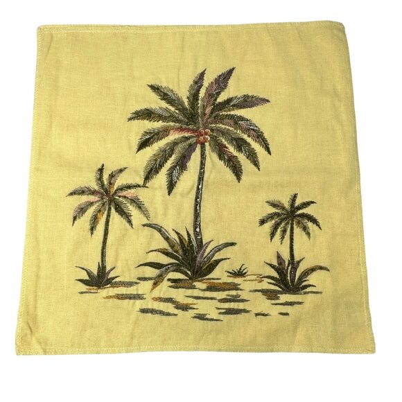 Croscill Napkins Yellow Tropical Palm Tree Embroidered Beaded Linen Square 13 In - Picture 1 of 7